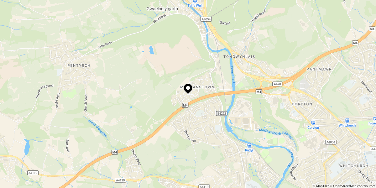 Approximate location of Maes Y Briallu, Morganstown, Cardiff, CF15 8FA